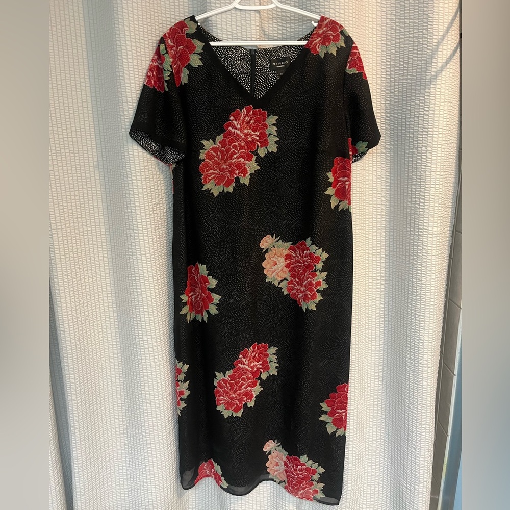 Virgo Lined Black Dress with Red Floral Design